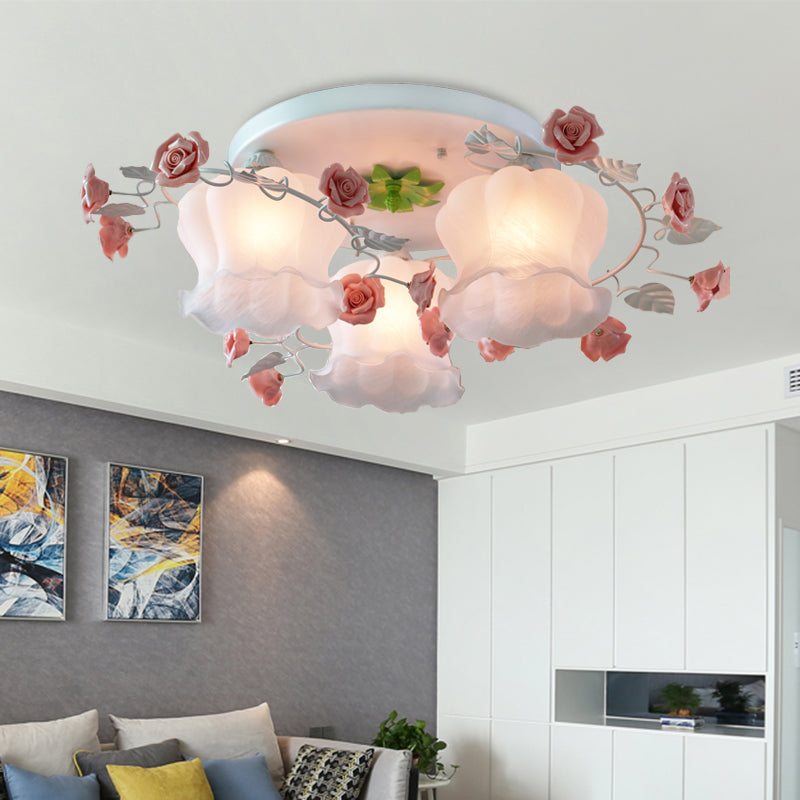 Plafonnier encastré rose de campagne avec verre opale soufflé à la bouche pour chambre à coucher - Lot de 3
