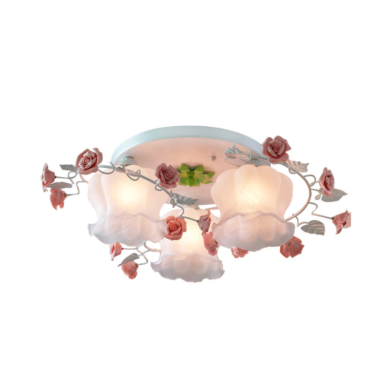 Plafonnier encastré rose de campagne avec verre opale soufflé à la bouche pour chambre à coucher - Lot de 3