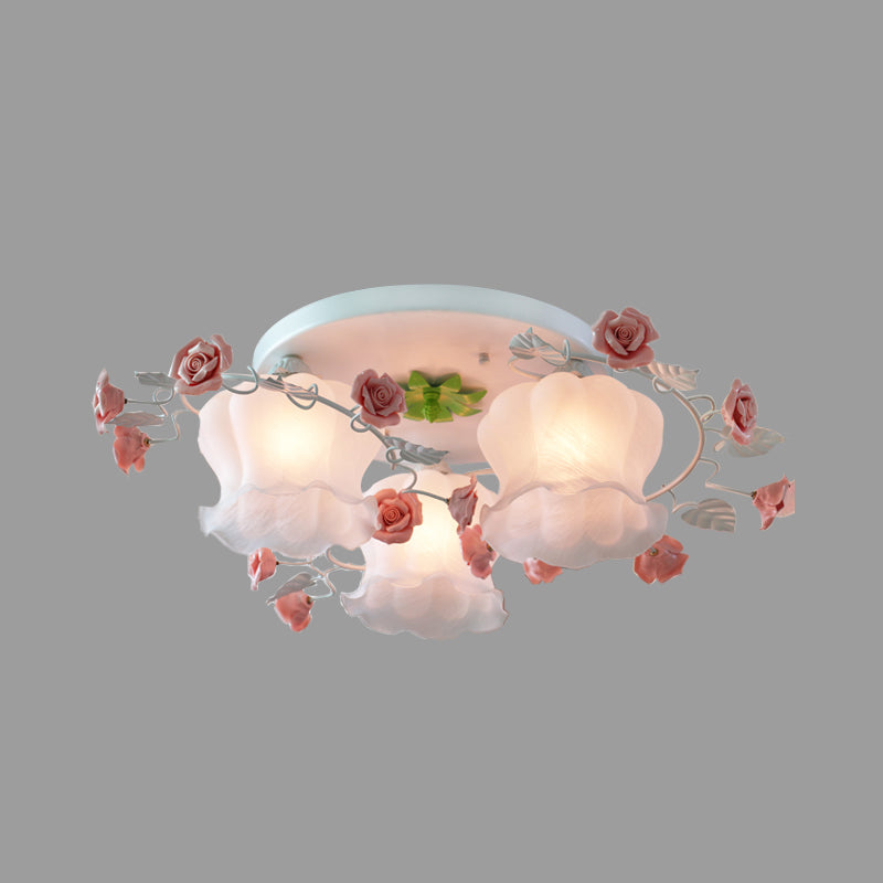 Plafonnier encastré rose de campagne avec verre opale soufflé à la bouche pour chambre à coucher - Lot de 3