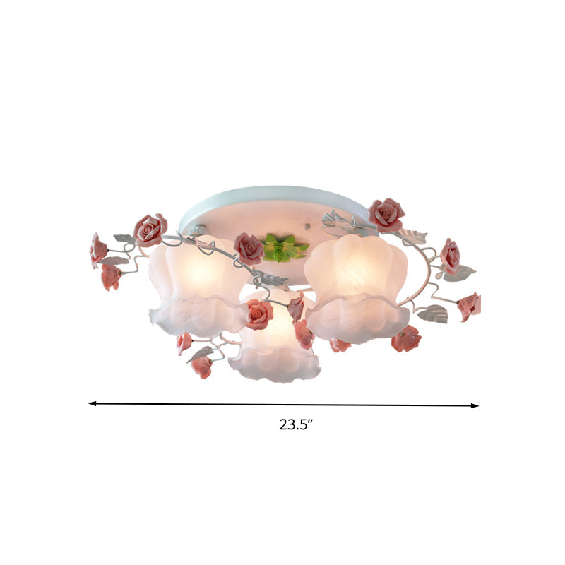 Plafonnier encastré rose de campagne avec verre opale soufflé à la bouche pour chambre à coucher - Lot de 3