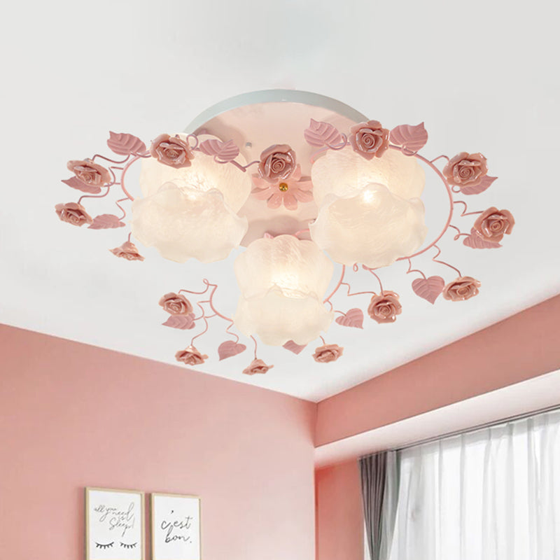 Traditional Floral Glass Ceiling Fixture with Flush Mount for Living Room, 3/5 Bulbs in Pink/Green