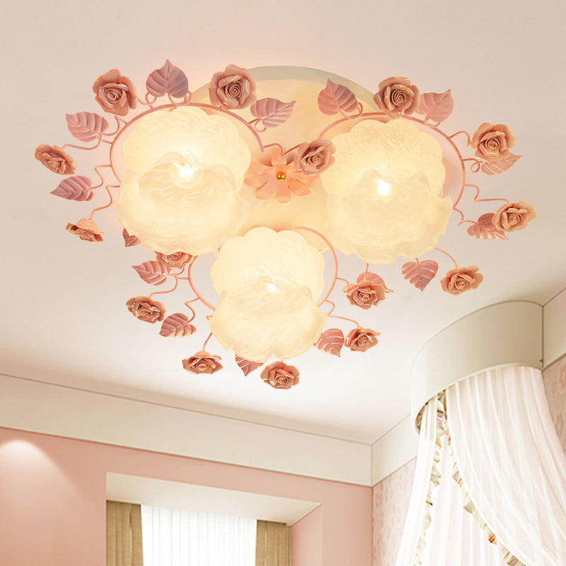 Traditional Floral Glass Ceiling Fixture with Flush Mount for Living Room, 3/5 Bulbs in Pink/Green