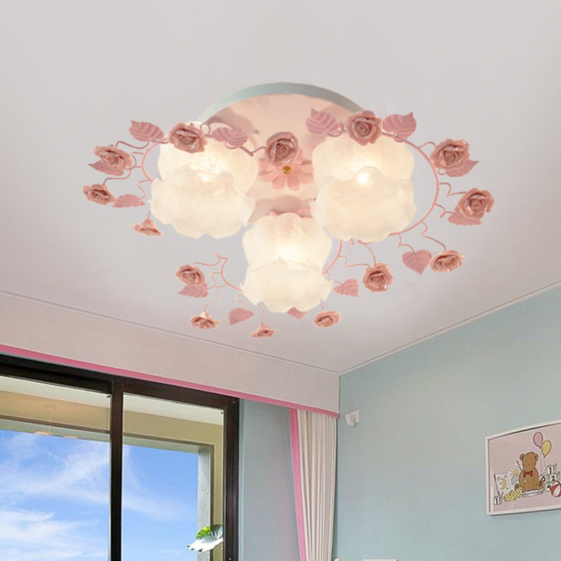 Traditional Floral Glass Ceiling Fixture with Flush Mount for Living Room, 3/5 Bulbs in Pink/Green