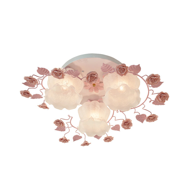 Traditional Floral Glass Ceiling Fixture with Flush Mount for Living Room, 3/5 Bulbs in Pink/Green