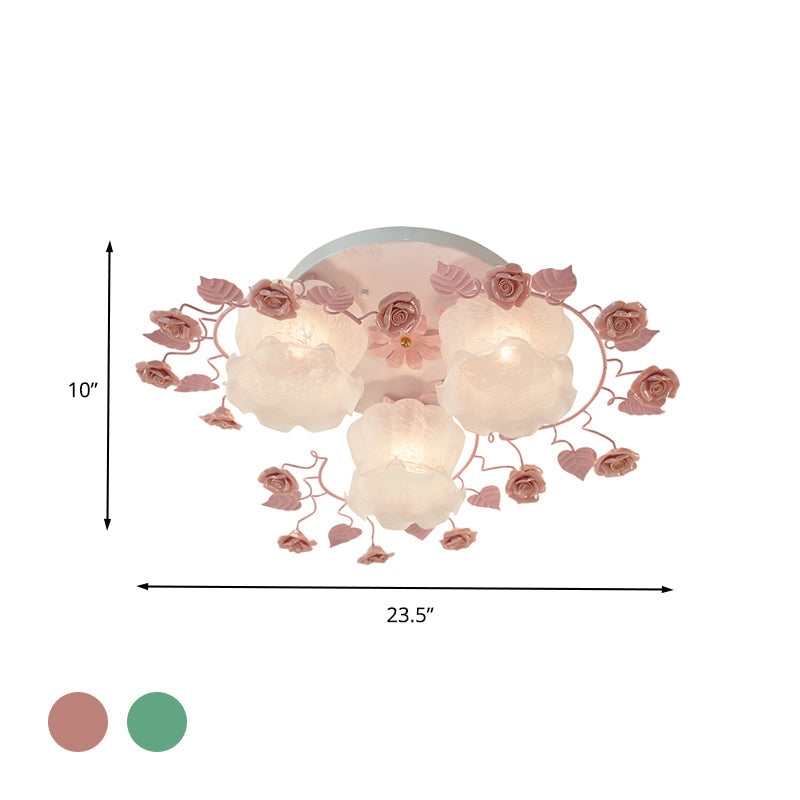 Traditional Floral Glass Ceiling Fixture with Flush Mount for Living Room, 3/5 Bulbs in Pink/Green
