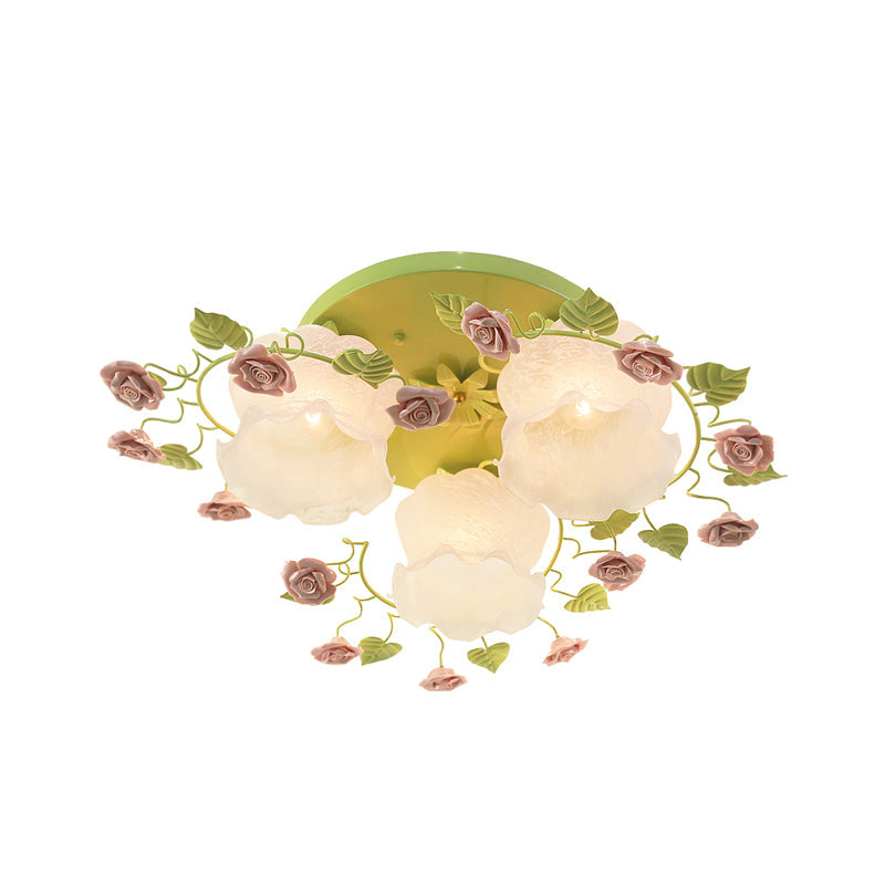 Traditional Floral Glass Ceiling Fixture with Flush Mount for Living Room, 3/5 Bulbs in Pink/Green