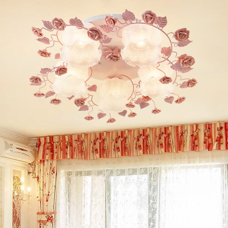 Traditional Floral Glass Ceiling Fixture with Flush Mount for Living Room, 3/5 Bulbs in Pink/Green
