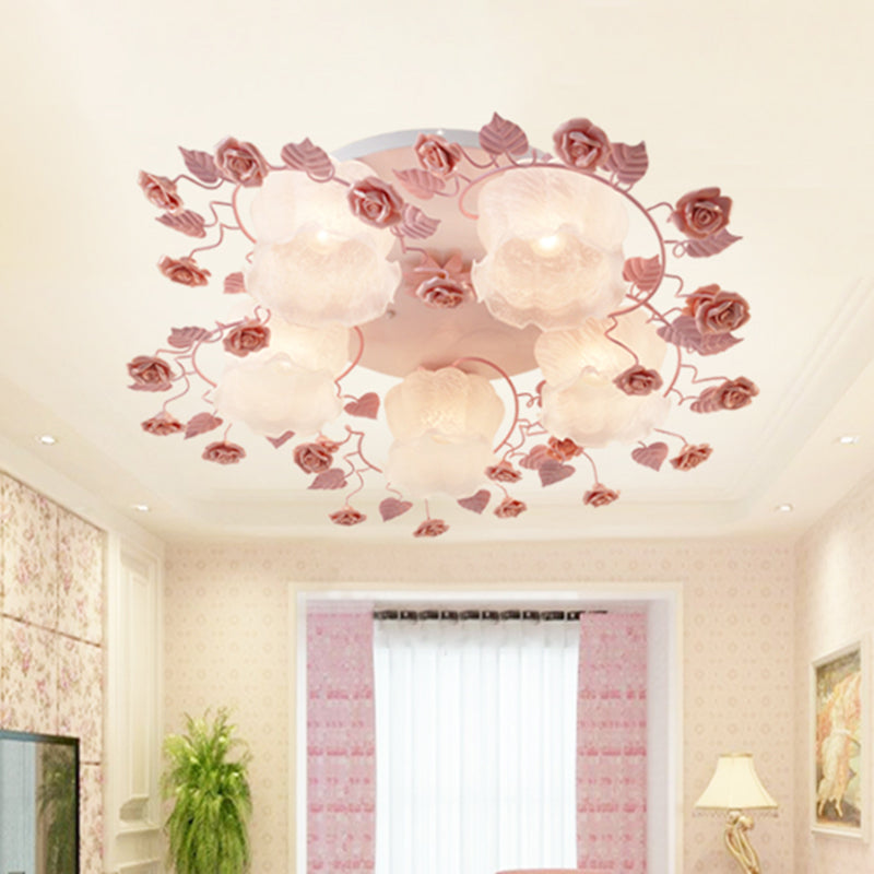 Traditional Floral Glass Ceiling Fixture with Flush Mount for Living Room, 3/5 Bulbs in Pink/Green
