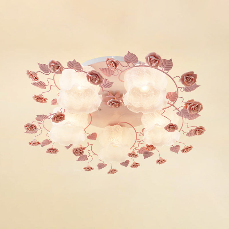 Traditional Floral Glass Ceiling Fixture with Flush Mount for Living Room, 3/5 Bulbs in Pink/Green