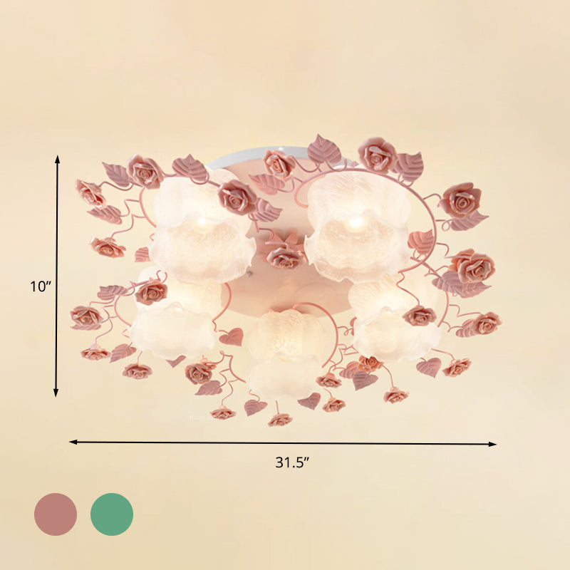 Traditional Floral Glass Ceiling Fixture with Flush Mount for Living Room, 3/5 Bulbs in Pink/Green