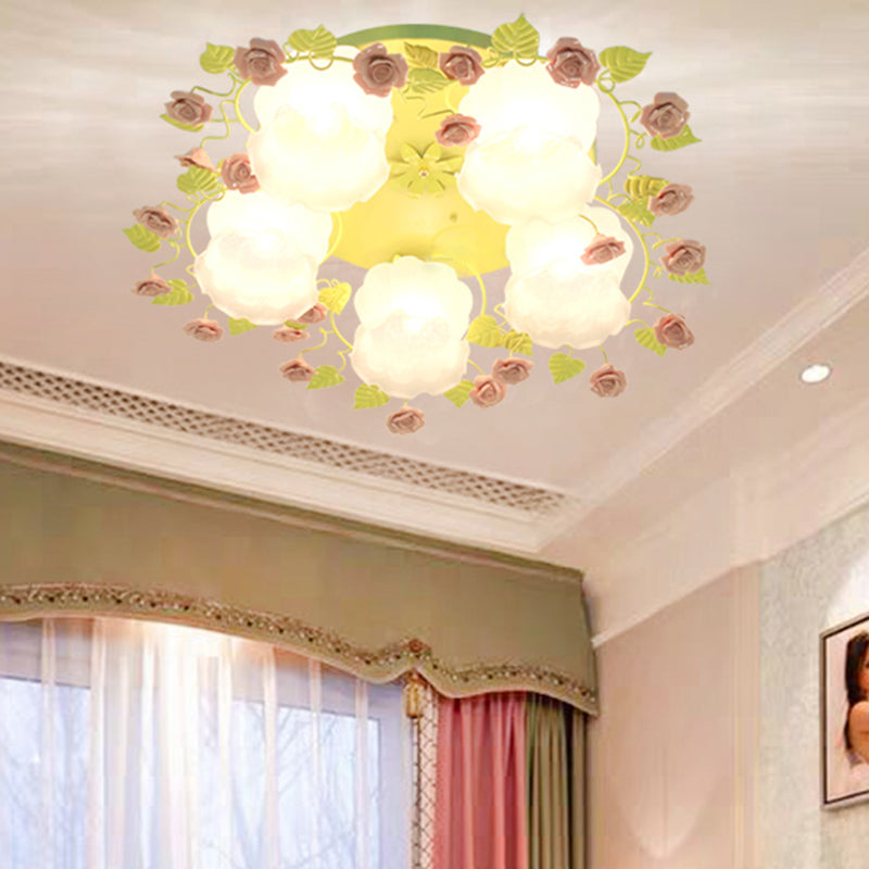 Traditional Floral Glass Ceiling Fixture with Flush Mount for Living Room, 3/5 Bulbs in Pink/Green