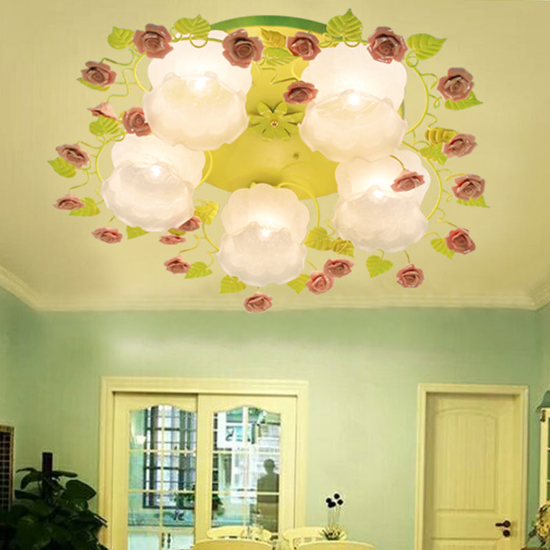 Traditional Floral Glass Ceiling Fixture with Flush Mount for Living Room, 3/5 Bulbs in Pink/Green