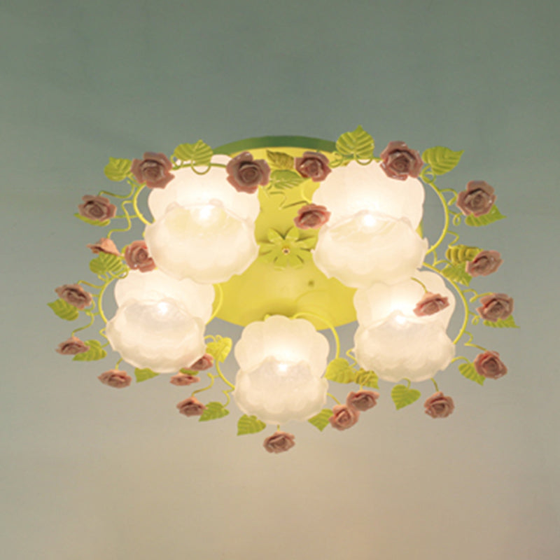 Traditional Floral Glass Ceiling Fixture with Flush Mount for Living Room, 3/5 Bulbs in Pink/Green