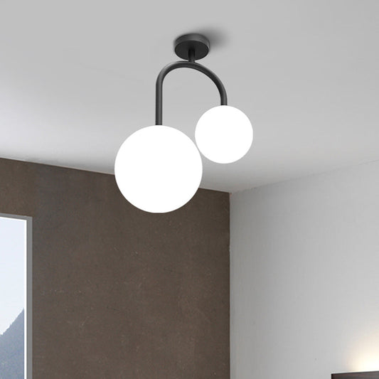 Modernist Milk Glass Ceiling Light Fixture - Semi Flush Mount with 2 Spherical Heads in Elegant Black