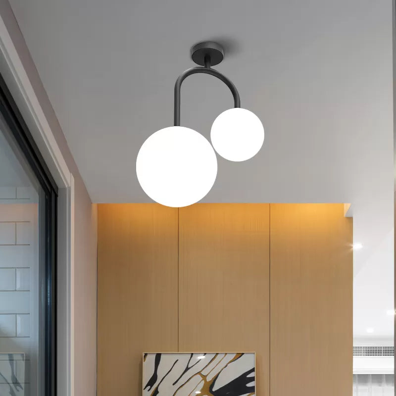 Modernist Milk Glass Ceiling Light Fixture - Semi Flush Mount with 2 Spherical Heads in Elegant Black