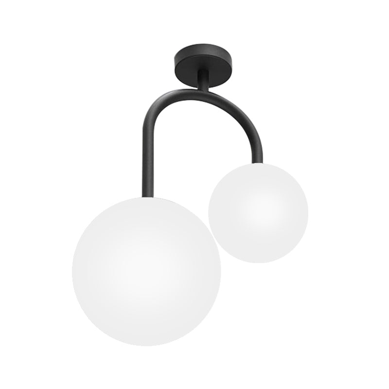 Modernist Milk Glass Ceiling Light Fixture - Semi Flush Mount with 2 Spherical Heads in Elegant Black