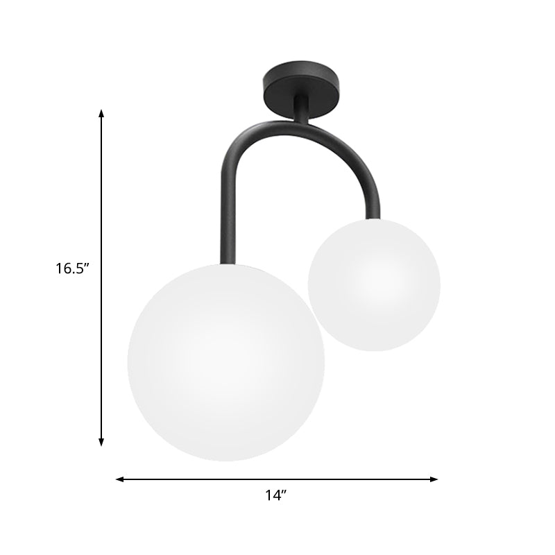 Modernist Milk Glass Ceiling Light Fixture - Semi Flush Mount with 2 Spherical Heads in Elegant Black