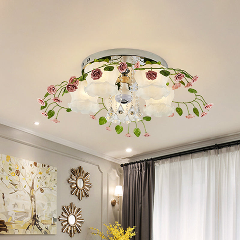 Bloom Crystal Flush Mount Ceiling Light with 5 Bulbs and White Glass Shade for Living Room