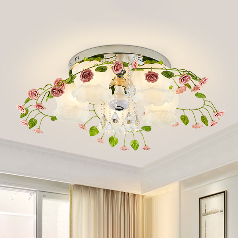 Bloom Crystal Flush Mount Ceiling Light with 5 Bulbs and White Glass Shade for Living Room