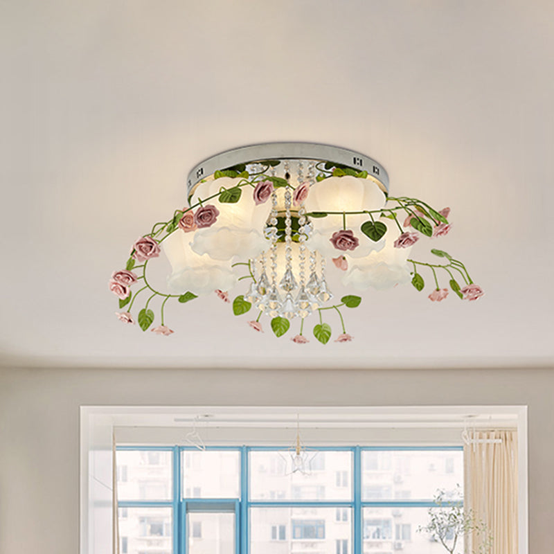 Bloom Crystal Flush Mount Ceiling Light with 5 Bulbs and White Glass Shade for Living Room