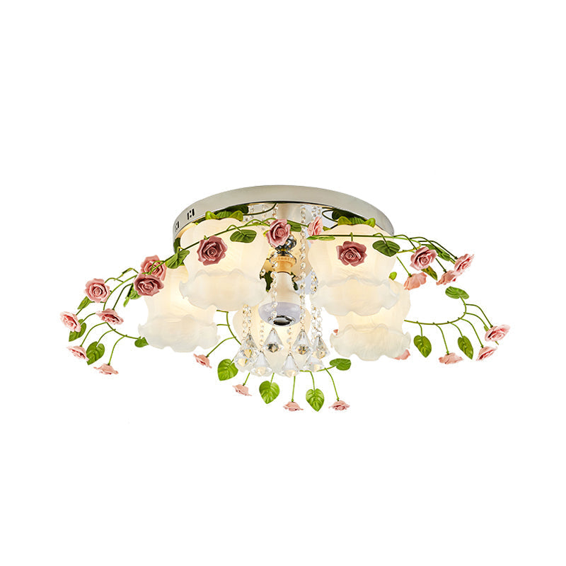 Bloom Crystal Flush Mount Ceiling Light with 5 Bulbs and White Glass Shade for Living Room