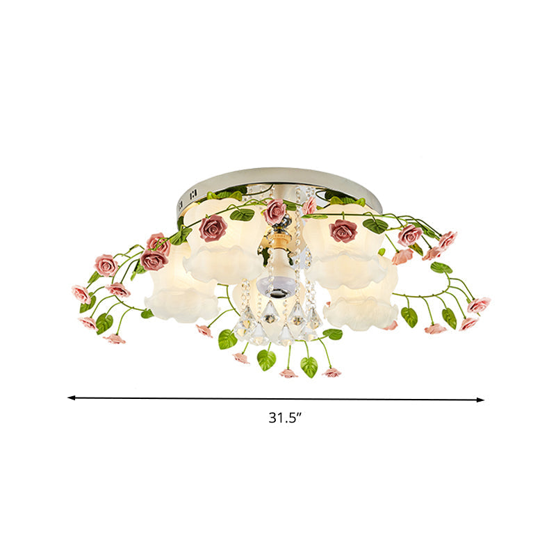 Bloom Crystal Flush Mount Ceiling Light with 5 Bulbs and White Glass Shade for Living Room