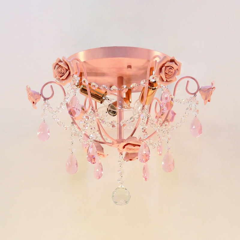 Pastoral Pink Crystal Flush Mount Ceiling Light with Exposed Bulbs - 3 Heads