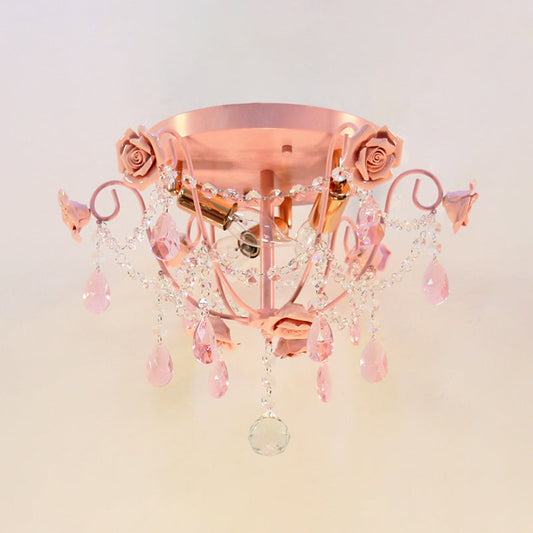 Pastoral Pink Crystal Flush Mount Ceiling Light with Exposed Bulbs - 3 Heads
