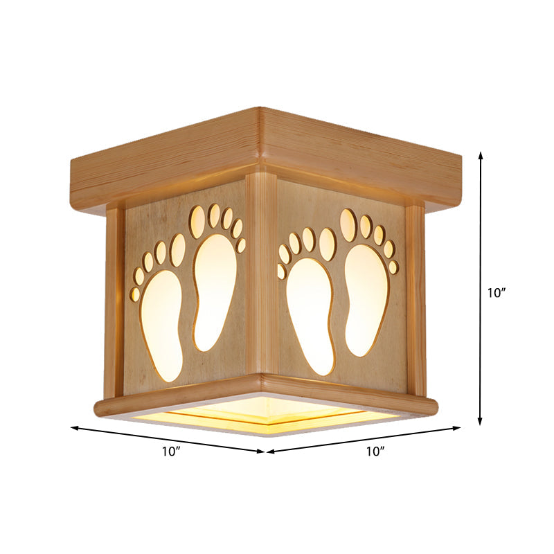 Nordic Wood Square Close to Ceiling Light - 10" W Flush Mount Fixture with Footprints for Dining Room