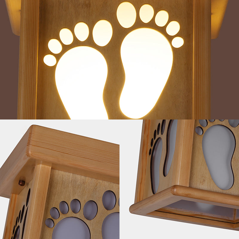 Nordic Wood Square Close to Ceiling Light - 10" W Flush Mount Fixture with Footprints for Dining Room