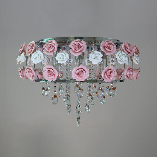 Traditional Pink Crystal Ceiling Mounted Drum Fixture - 6/8 Bulbs Flush Mount Lamp for Living Room