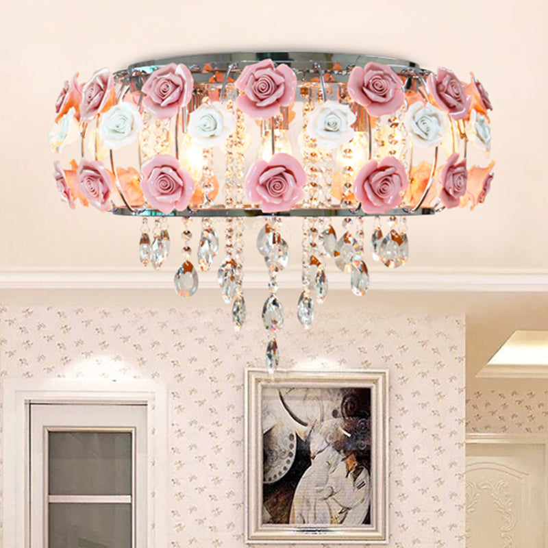 Traditional Pink Crystal Ceiling Mounted Drum Fixture - 6/8 Bulbs Flush Mount Lamp for Living Room