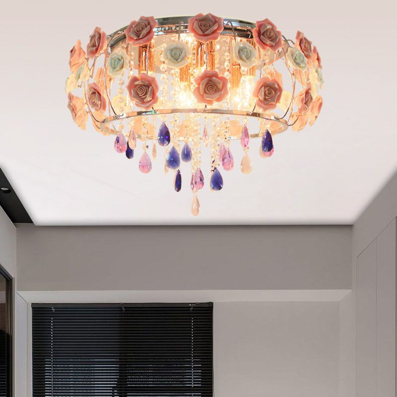 Plafonnier traditionnel en cristal avec abat-jour tambour rose - 6/8 ampoules - Lampe de chambre à coucher près du plafond