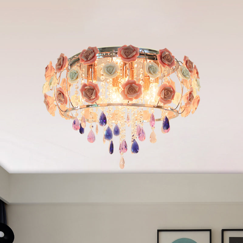 Plafonnier traditionnel en cristal avec abat-jour tambour rose - 6/8 ampoules - Lampe de chambre à coucher près du plafond