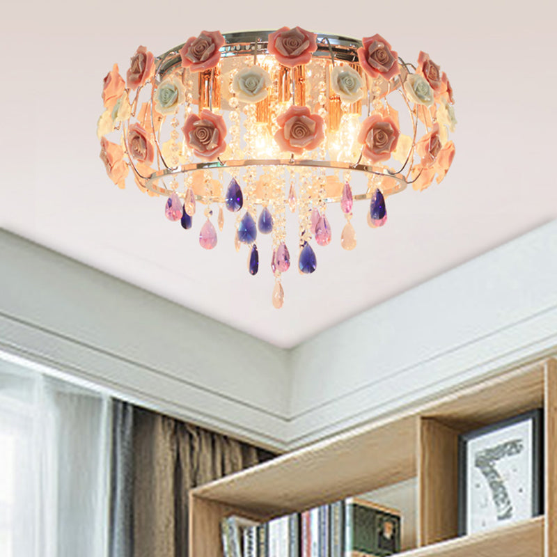 Plafonnier traditionnel en cristal avec abat-jour tambour rose - 6/8 ampoules - Lampe de chambre à coucher près du plafond