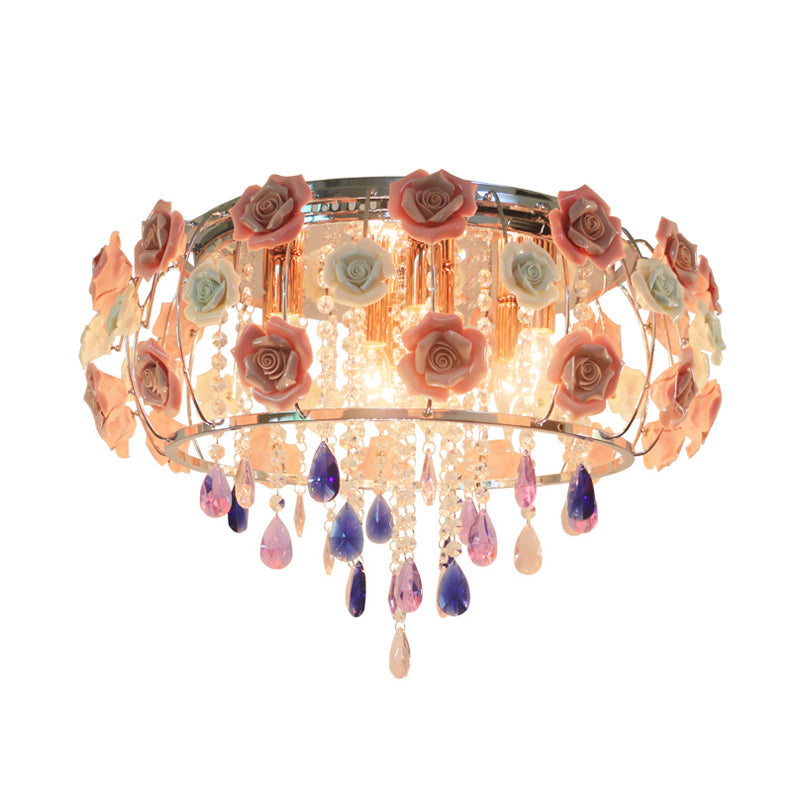 Plafonnier traditionnel en cristal avec abat-jour tambour rose - 6/8 ampoules - Lampe de chambre à coucher près du plafond