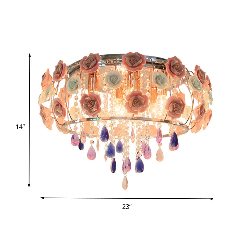 Plafonnier traditionnel en cristal avec abat-jour tambour rose - 6/8 ampoules - Lampe de chambre à coucher près du plafond
