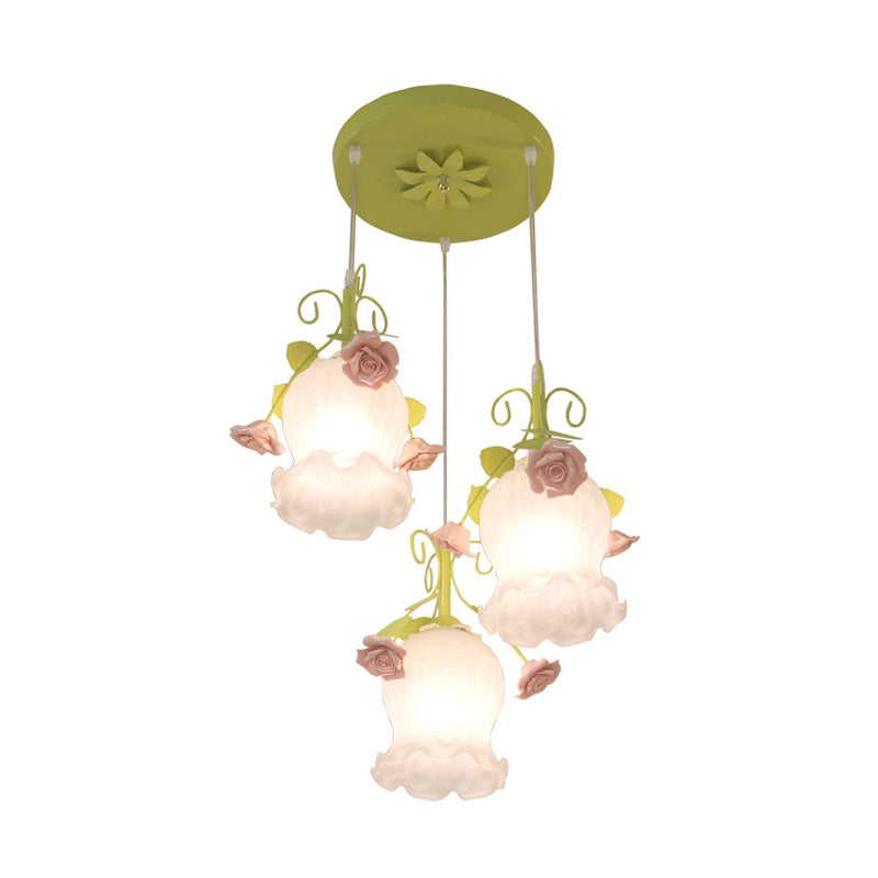 Opal Glass Flower Cluster Pendant Light - Countryside Style 3 Heads White/Green