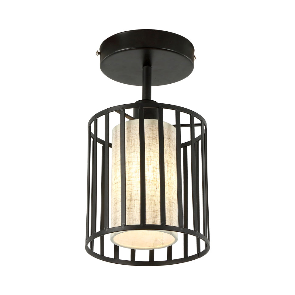 Black Metal Cage Ceiling Flush Mount Lamp with Conical/Cylindrical Shade - Simple Semi-Flushmount Design with 1 Bulb