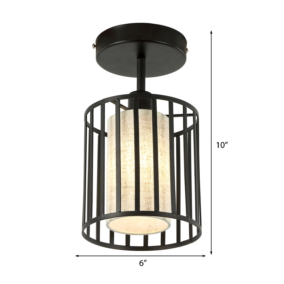 Black Metal Cage Ceiling Flush Mount Lamp with Conical/Cylindrical Shade - Simple Semi-Flushmount Design with 1 Bulb