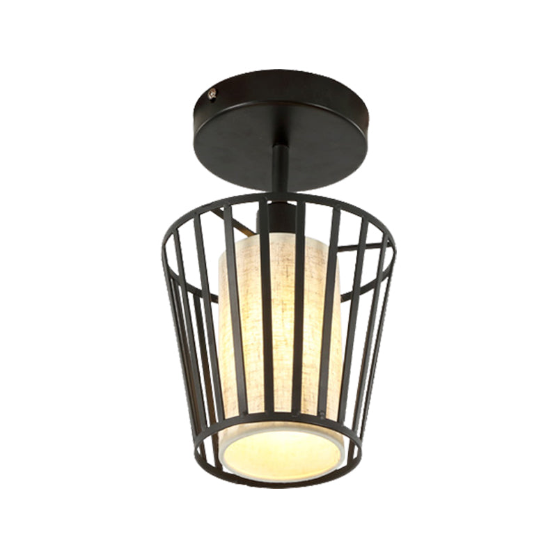 Black Metal Cage Ceiling Flush Mount Lamp with Conical/Cylindrical Shade - Simple Semi-Flushmount Design with 1 Bulb