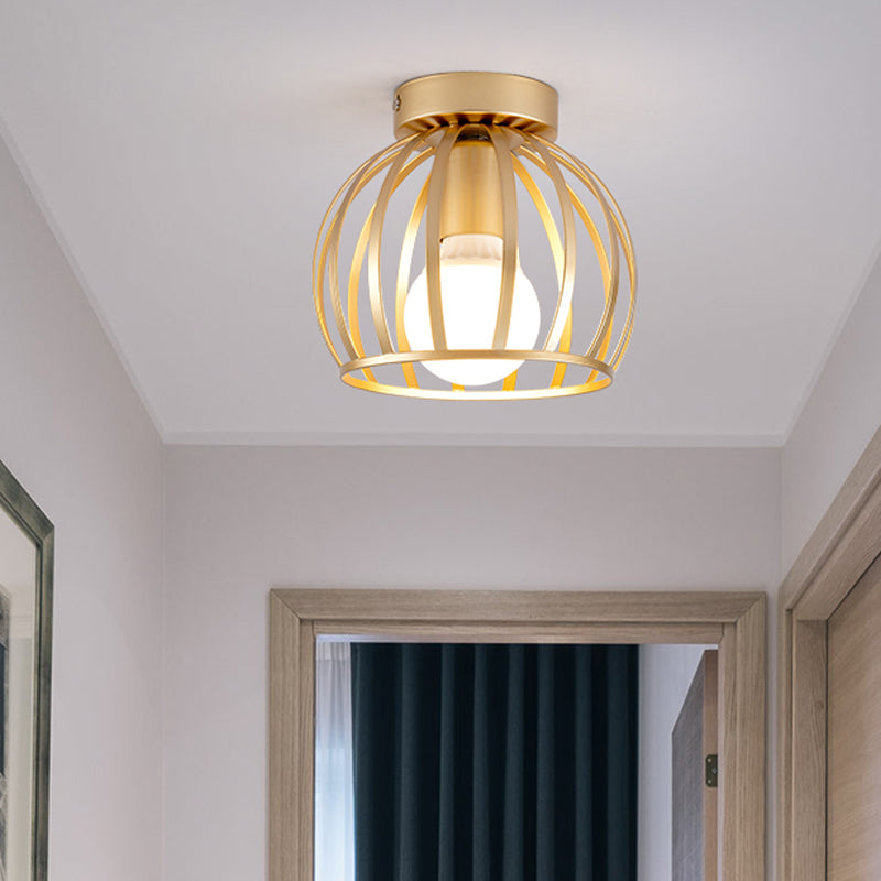 Minimalist Black/Gold Metal Cage Flushmount Light for Corridor, Ceiling Mounted