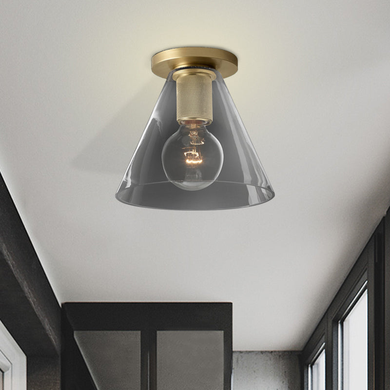 Modern Glass Flush Pendant Ceiling Light in Brass for Balcony - Globe, Cone, Cylinder, Trumpet Shapes