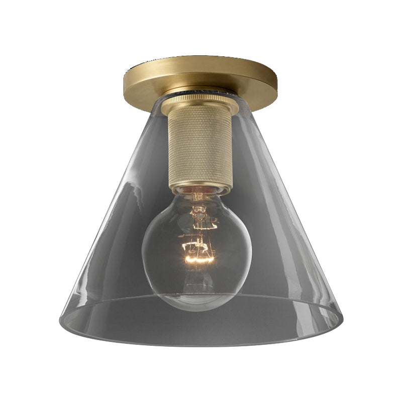 Modern Glass Flush Pendant Ceiling Light in Brass for Balcony - Globe, Cone, Cylinder, Trumpet Shapes