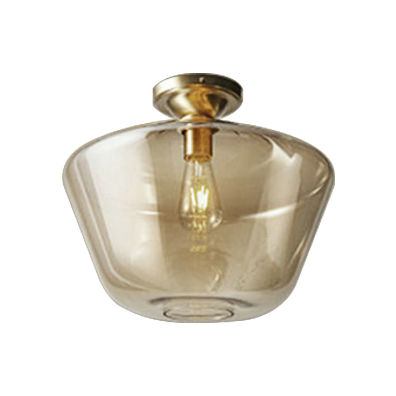 Contemporary Brass Flush Ceiling Fixture with Amber Glass Lampshade