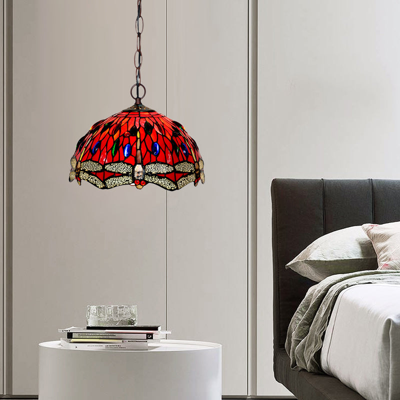 Suspension en vitrail libellule - Couleur rouge/vert victorien - Plafonnier suspendu à 1 lampe
