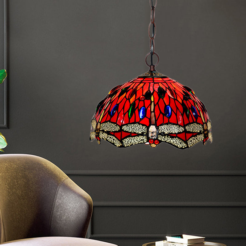 Suspension en vitrail libellule - Couleur rouge/vert victorien - Plafonnier suspendu à 1 lampe