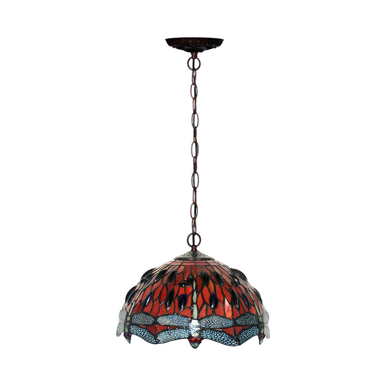 Suspension en vitrail libellule - Couleur rouge/vert victorien - Plafonnier suspendu à 1 lampe