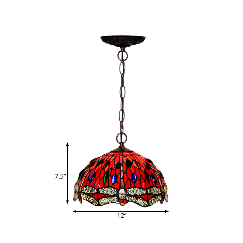 Suspension en vitrail libellule - Couleur rouge/vert victorien - Plafonnier suspendu à 1 lampe