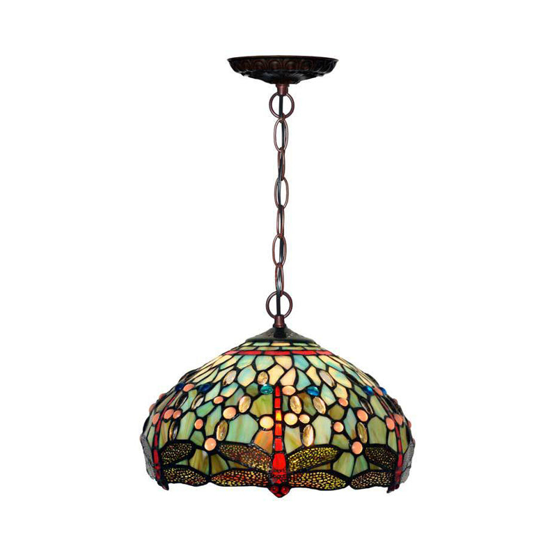 Suspension en vitrail libellule - Couleur rouge/vert victorien - Plafonnier suspendu à 1 lampe
